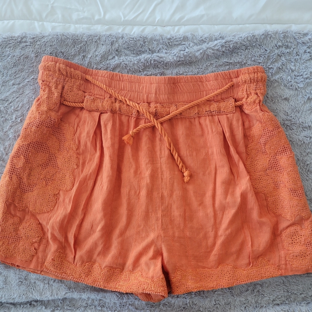 Women's Orange Crochet-Trim Drawstring Shorts